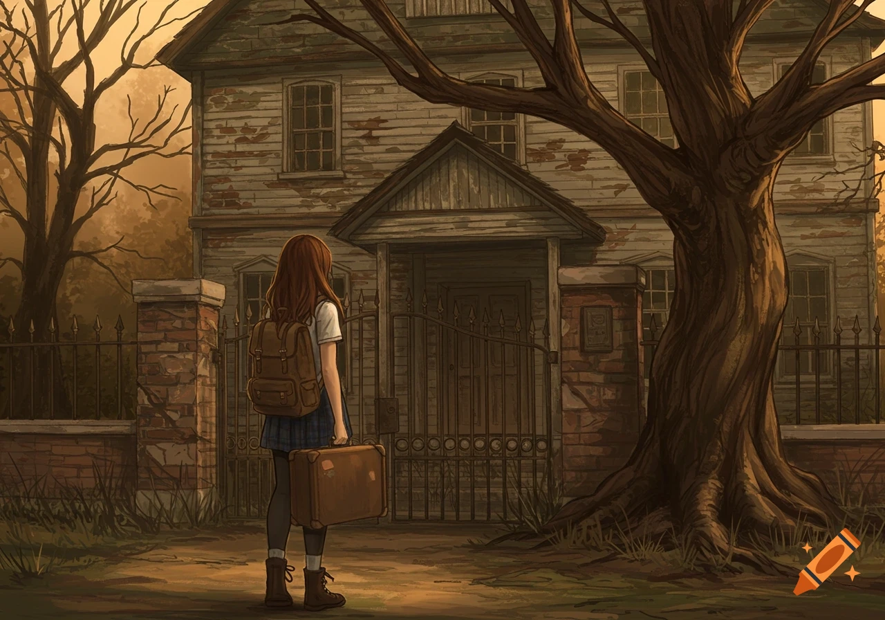 Digital illustration of a student with a backpack and suitcase standing before an old, eerie house with a large tree.