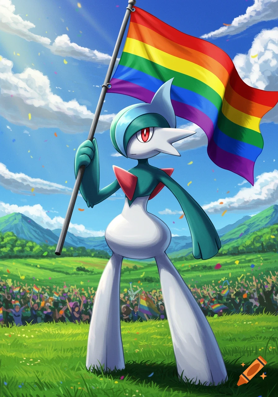 Gallade, a Pok mon, holds a rainbow pride flag in a vibrant field with a cheering crowd.
