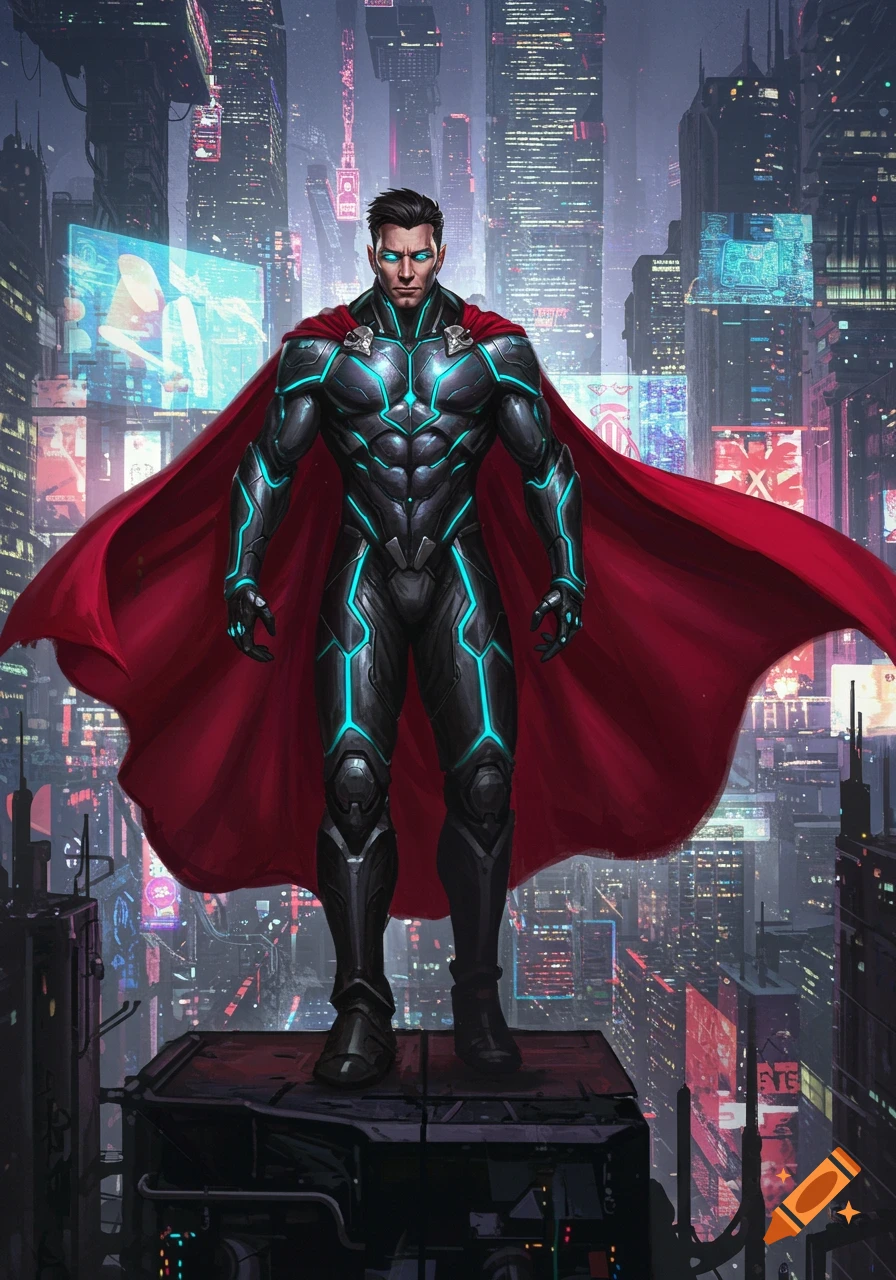 A handsome superhero in a black and teal armored suit with a flowing red cape stands atop a building, overlooking a futuristic neon city.