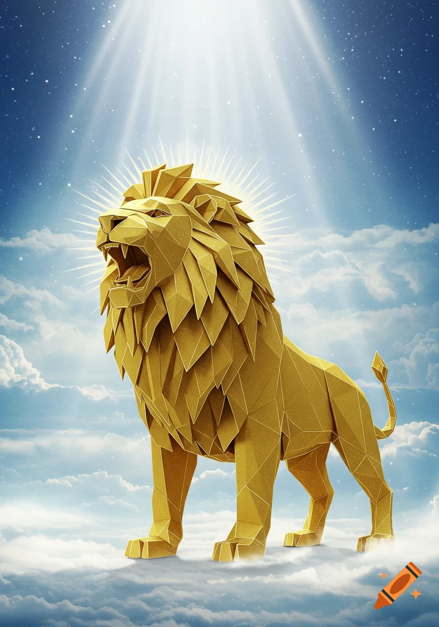 A majestic golden origami-style lion roars, bathed in beams of light from a star-filled blue sky, standing atop white clouds.