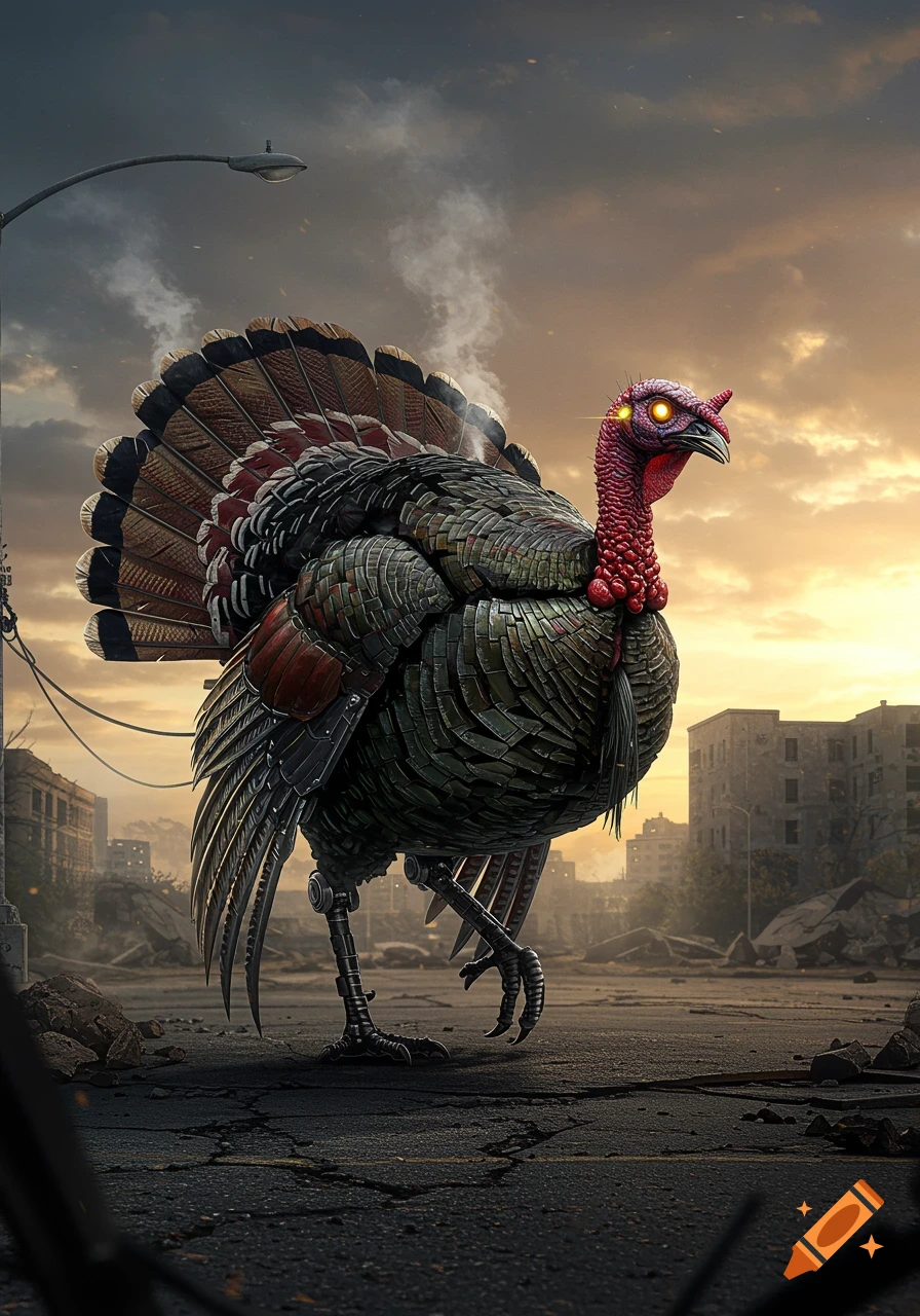A robotic turkey with glowing yellow eyes and a horn walks through a desolate, ruined city at sunset.