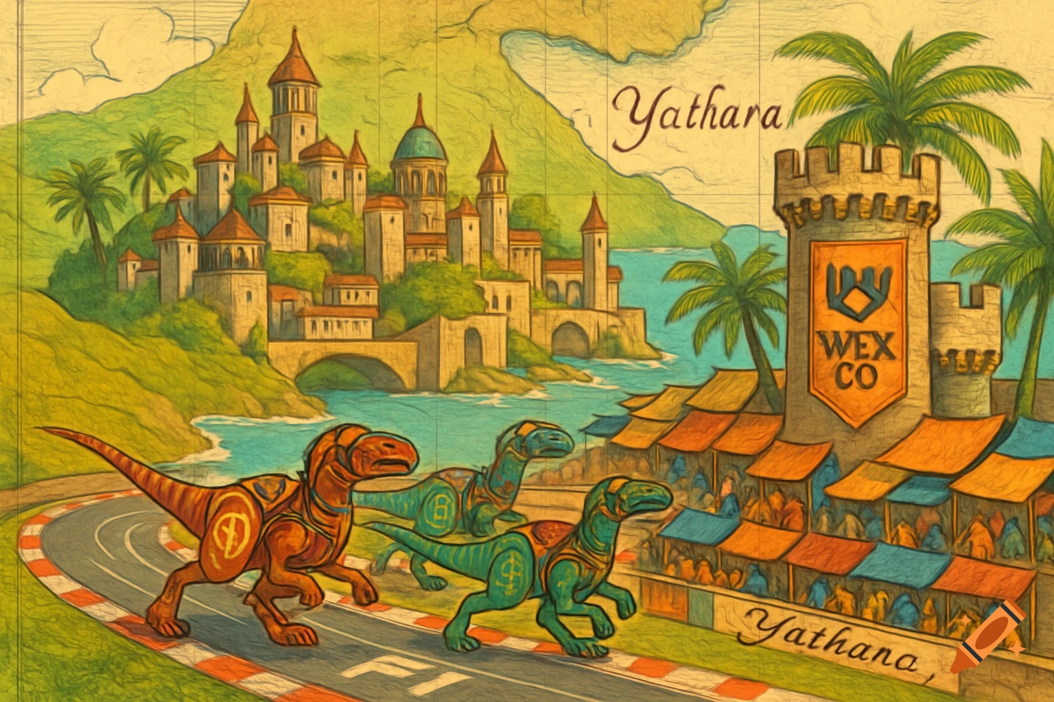 A medieval map-style illustration of a fantasy tropical island city with a castle, bridges, and palm trees, where three dinosaurs race on an F1 track.