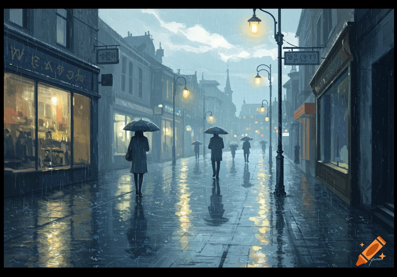 A painting of people walking down a rainy city street at night, with glowing streetlights reflecting on wet pavement.
