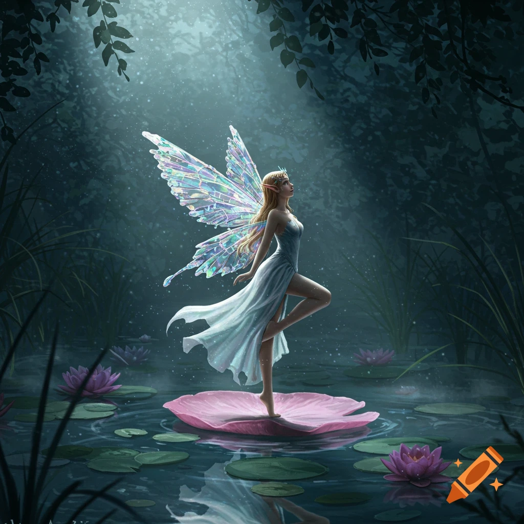 A graceful fairy with shimmering crystal wings stands on a pink lily pad in a dark, moonlit pond with lotus flowers.