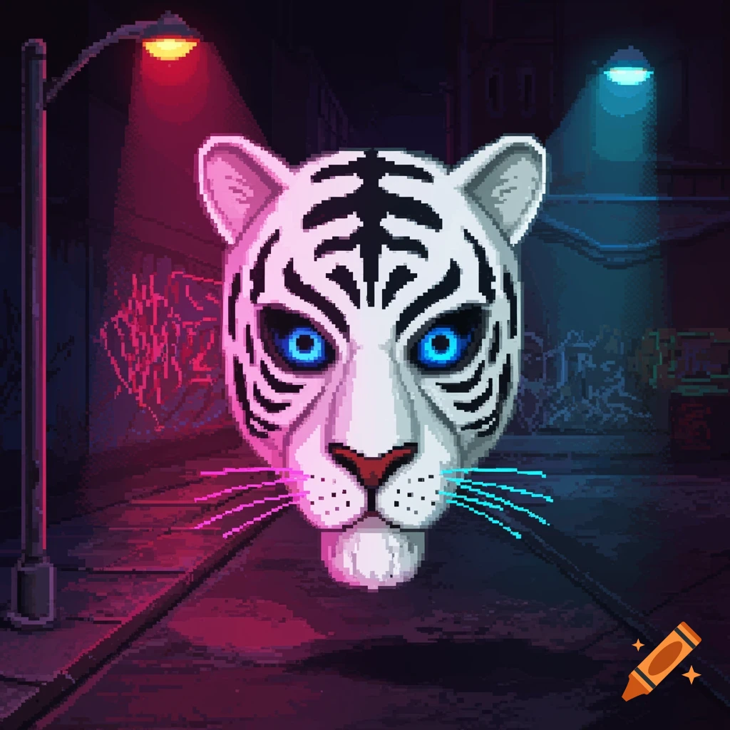 Pixel art of a white tiger head with glowing blue eyes, floating in a neon-lit alley.