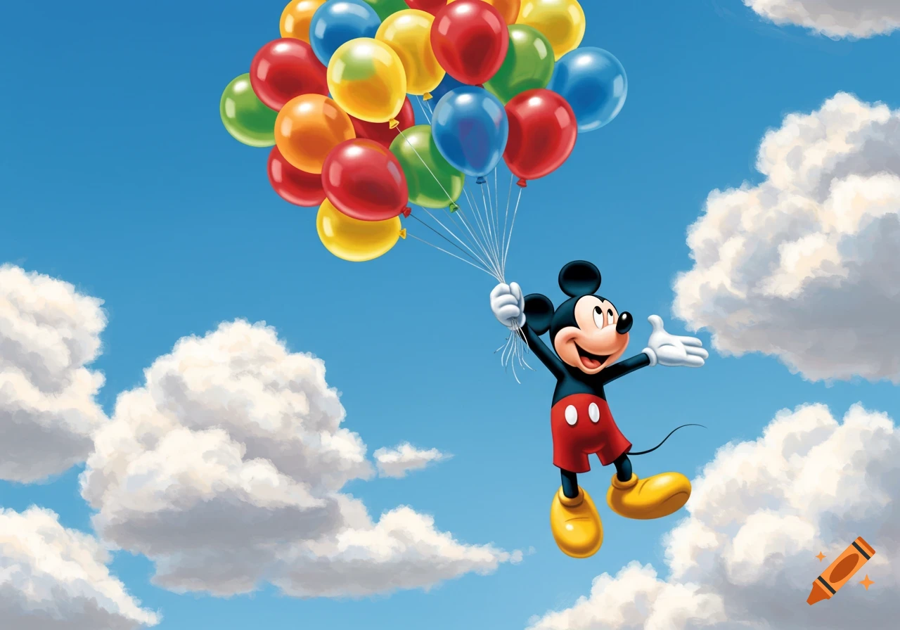 Mickey Mouse flies in a blue sky, holding a large bunch of colorful balloons, with fluffy white clouds around him.