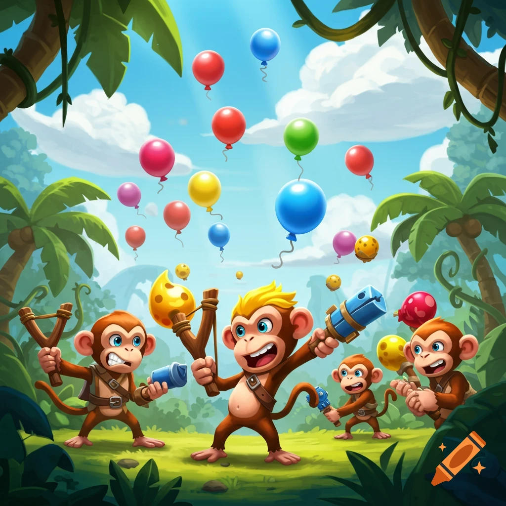 Four cheerful cartoon monkeys in a vibrant jungle, playing with slingshots and a dart gun, aiming at numerous colorful balloons floating in the sky.