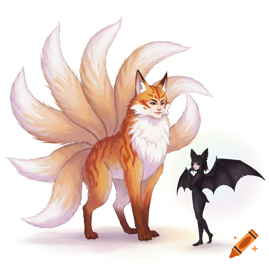 A large orange and white nine-tailed human Kitsune stands looking at a small black bat-girl on a white background, in a painterly anime style.