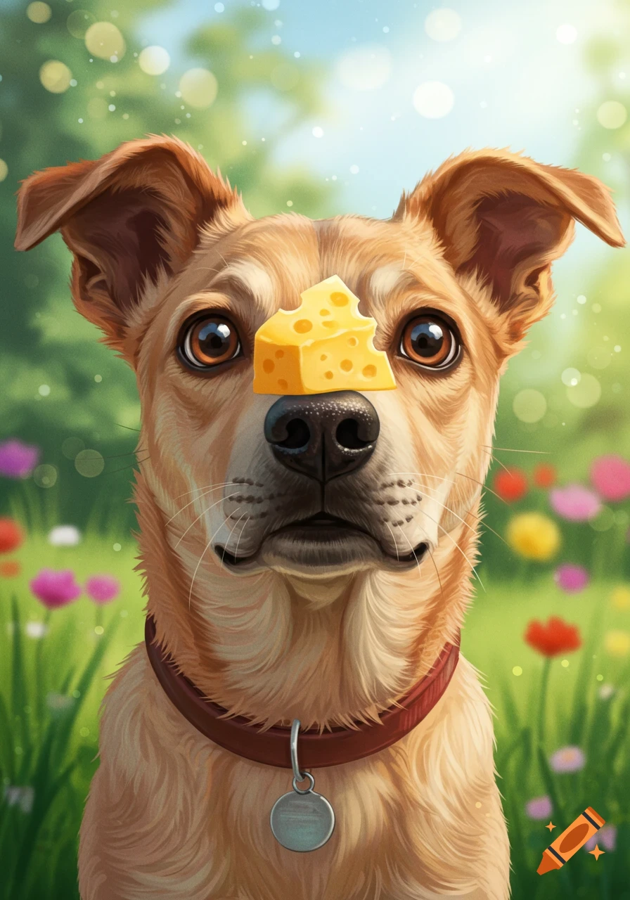 A cute brown dog with a piece of Swiss cheese balanced on its nose, in a vibrant outdoor illustration.