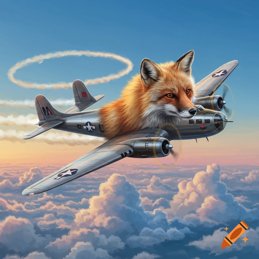 A red fox's head on a vintage bomber plane flying through a cloudy blue sky, illustration.