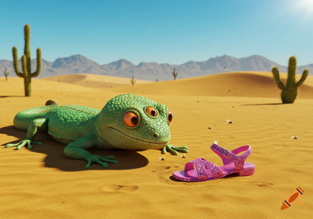 A cartoonish green three-eyed lizard lies in a desert, looking at a sparkling pink sandal. Cacti and mountains are in the background.