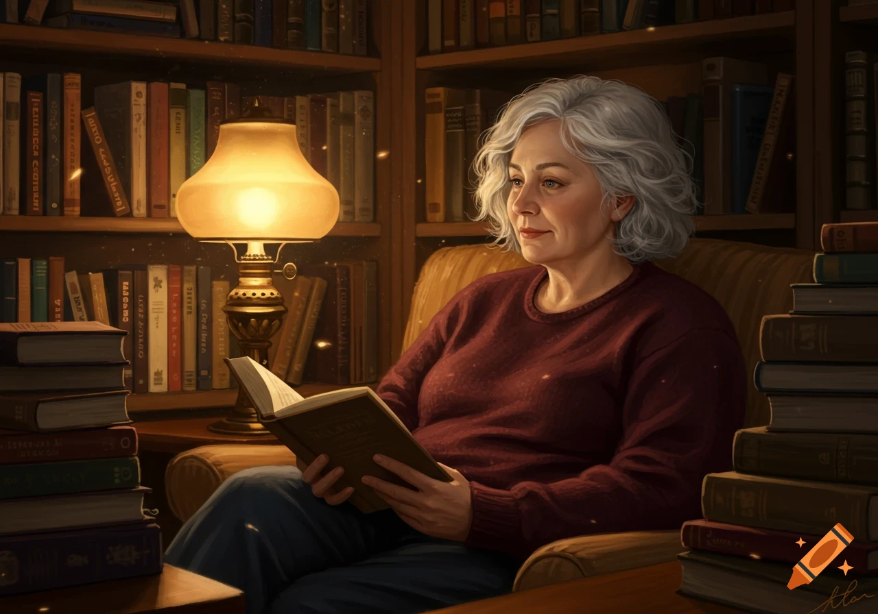 A grey-haired woman in a cozy setting reads a book by the light of a lamp, surrounded by bookshelves.