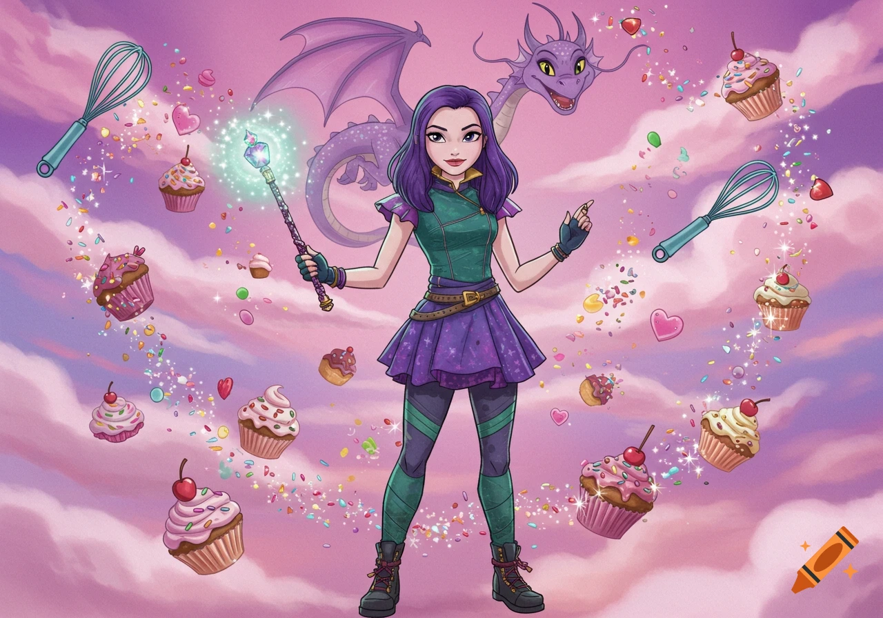 Cartoon of Mal from Disney Descendants, holding a glowing magic wand, with a purple dragon behind her. Floating cupcakes, whisks, and sprinkles surround them in a whimsical pink and purple sky.