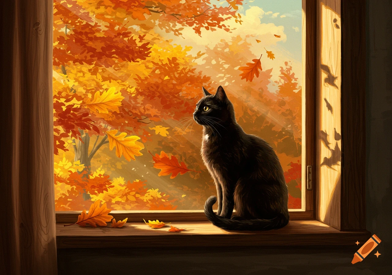 A black cat sits on a sunlit windowsill, gazing out at vibrant orange and yellow autumn trees and falling leaves. Illustrated style.