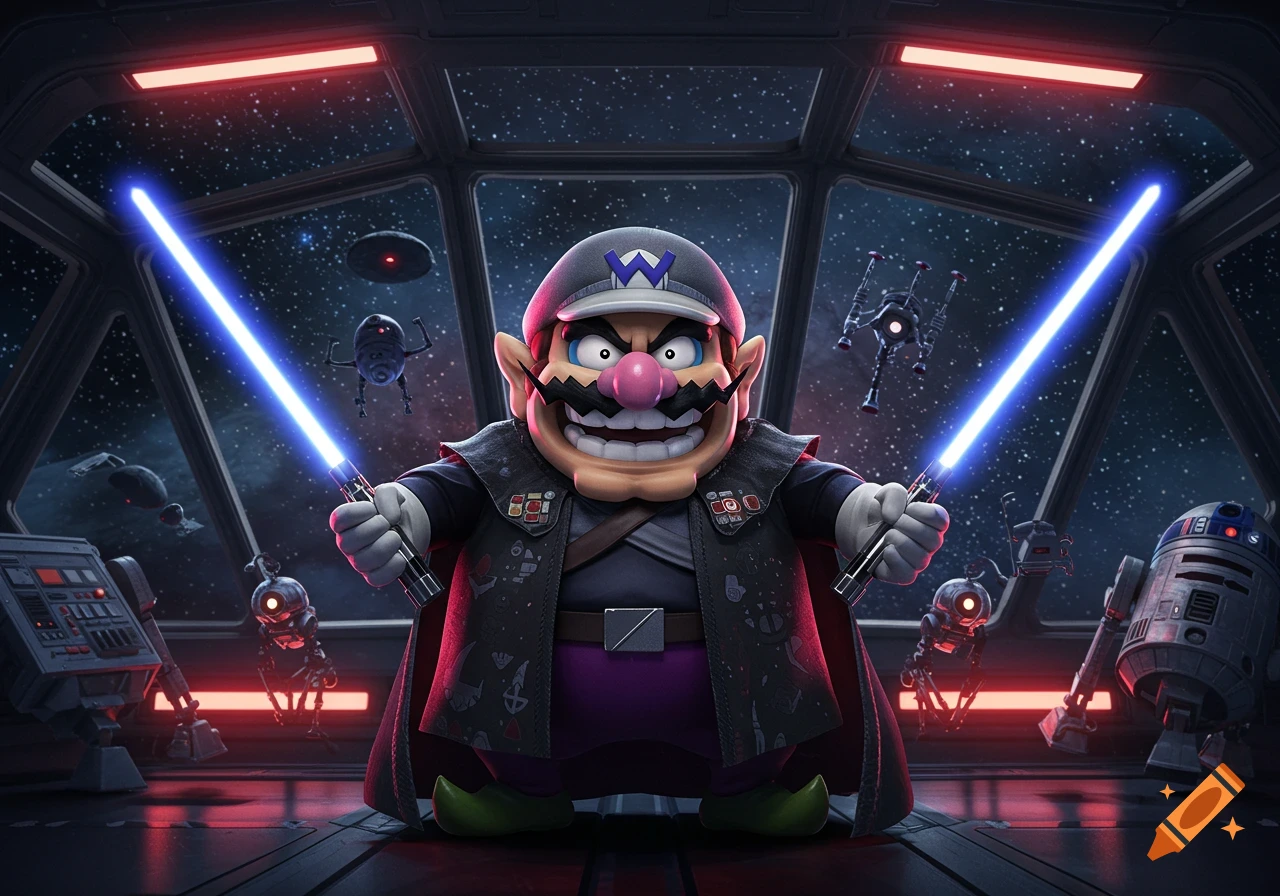 Wario as a Star Wars character holds two blue lightsabers in a spaceship cockpit with droids and other ships visible in space.