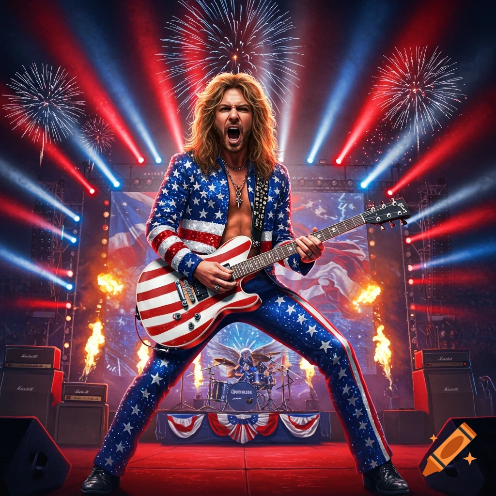 A rockstar in an American flag suit plays guitar on a stage with fireworks and spotlights.