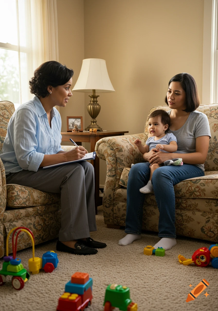 A social worker in a light blue shirt writes on a clipboard while talking to a mother holding her baby on a couch in a living room.