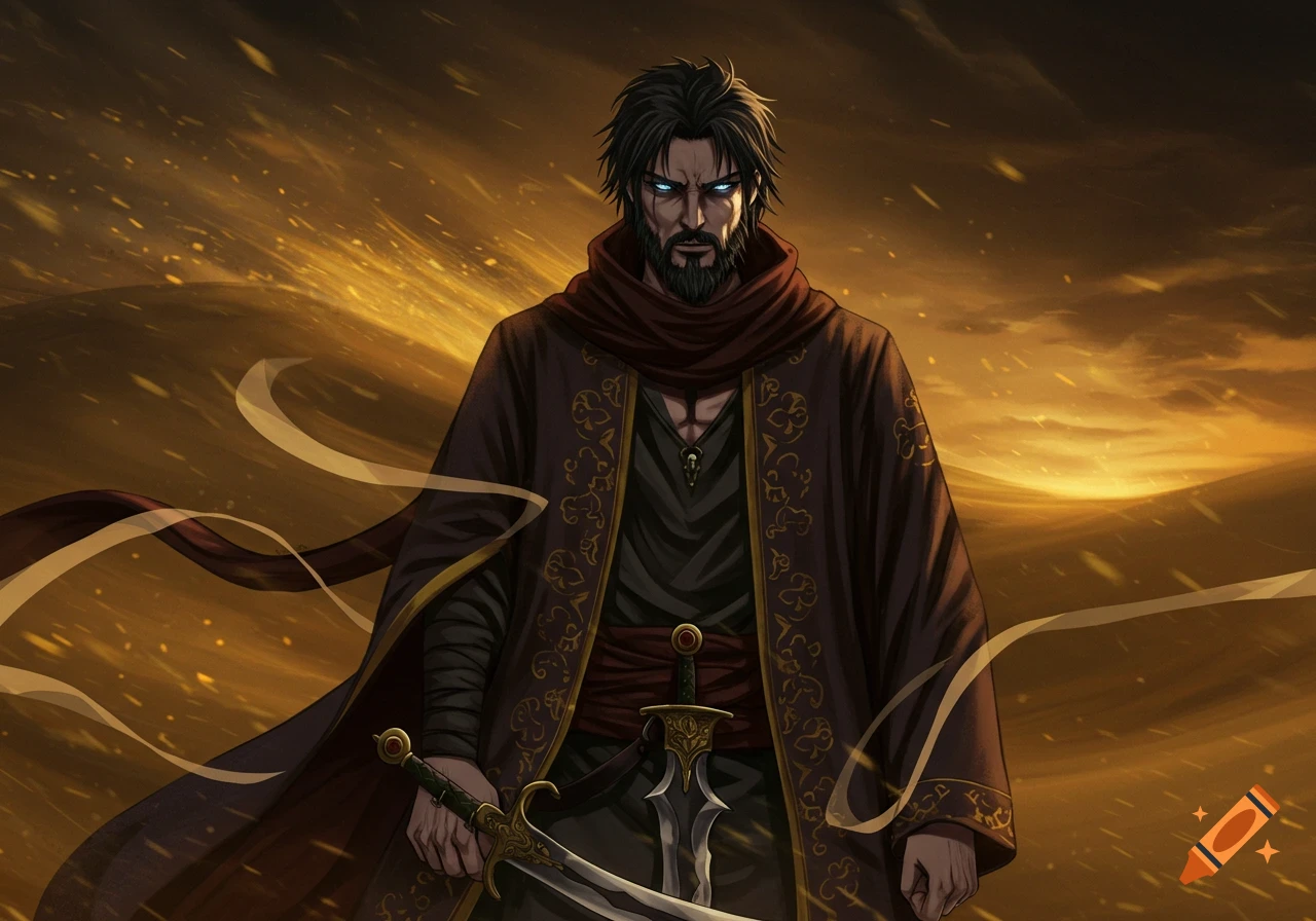 An anime-style warrior with a beard and glowing blue eyes, wearing a dark robe, stands in a golden desert holding a sword.