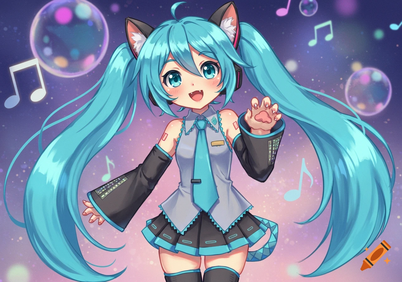 A cute anime catgirl with long teal pigtails, wearing a grey and teal uniform, raises a paw in a starry, bubbly background.