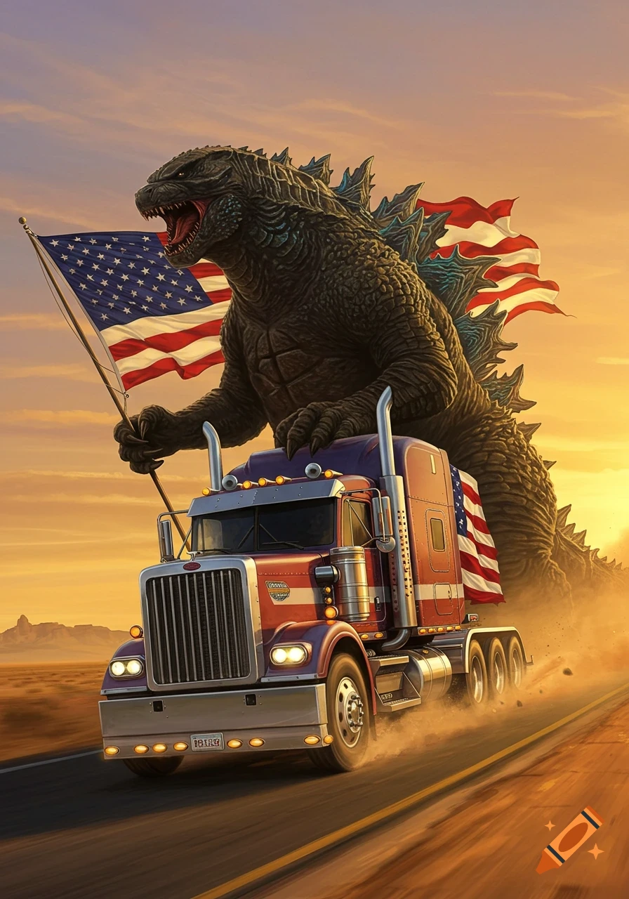 A giant Godzilla holding an American flag rides atop a red semi-truck speeding down a desert highway at sunset.