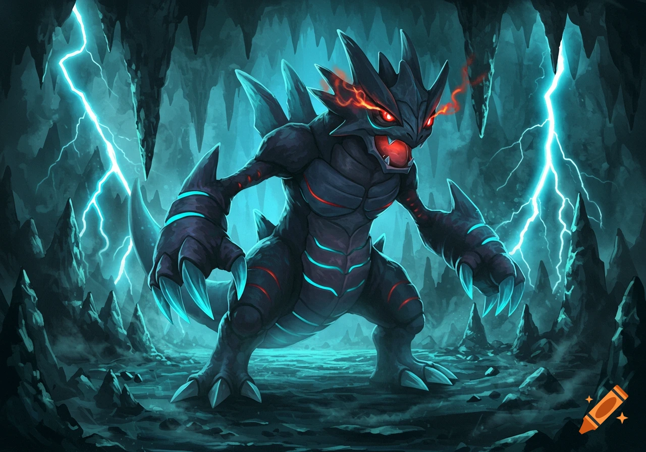 A mean-looking, dark gray armored monster with glowing red eyes and mouth stands in a shadowy cave illuminated by bright blue lightning.