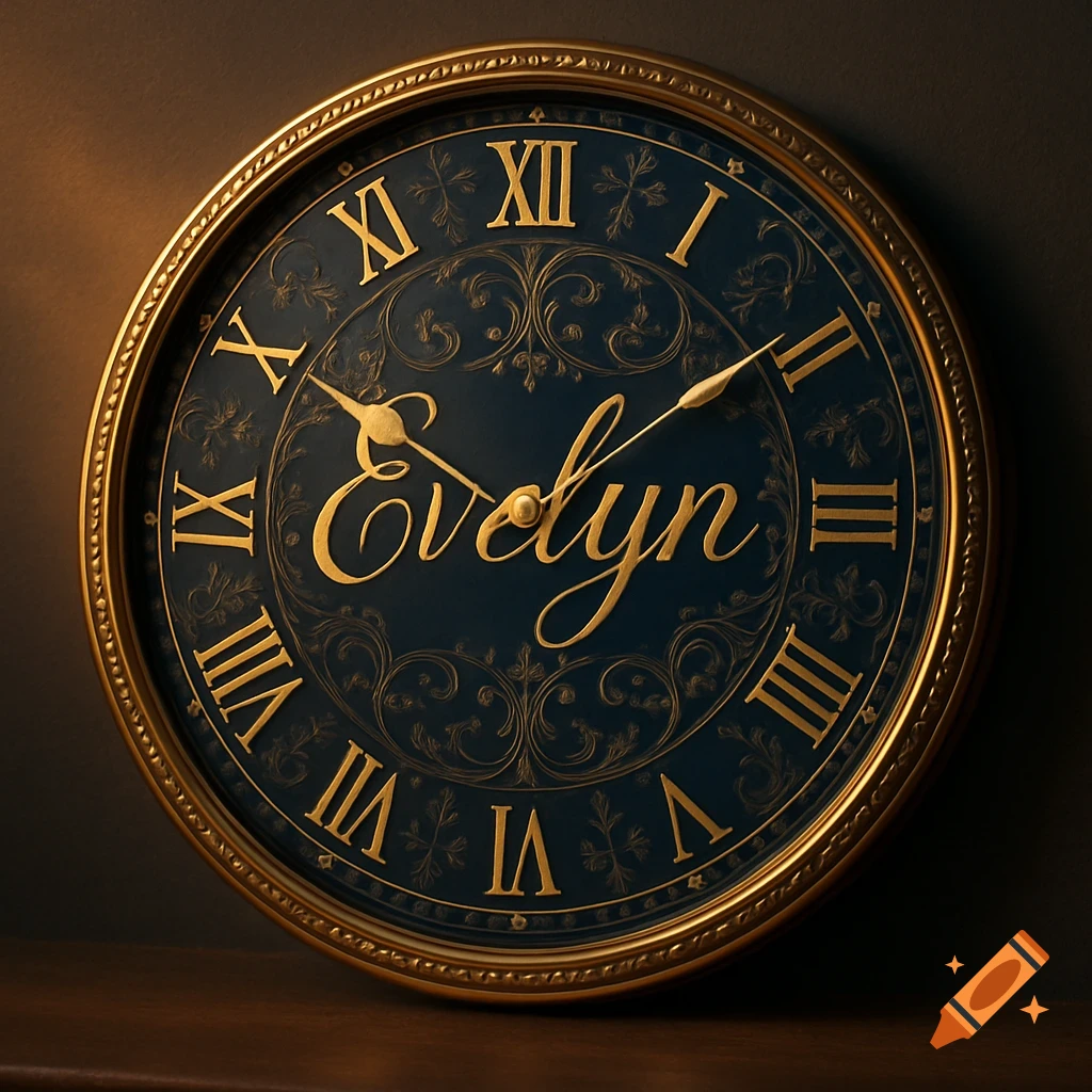 Ornate gold and dark blue wall clock with Roman numerals and the name 'Evelyn' in elegant script.