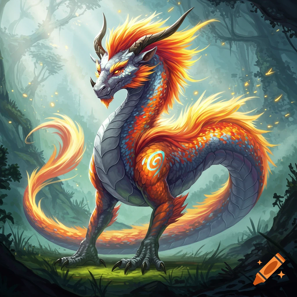 A vibrant fantasy dragon with orange and blue scales and fiery orange hair stands in a mystical forest.