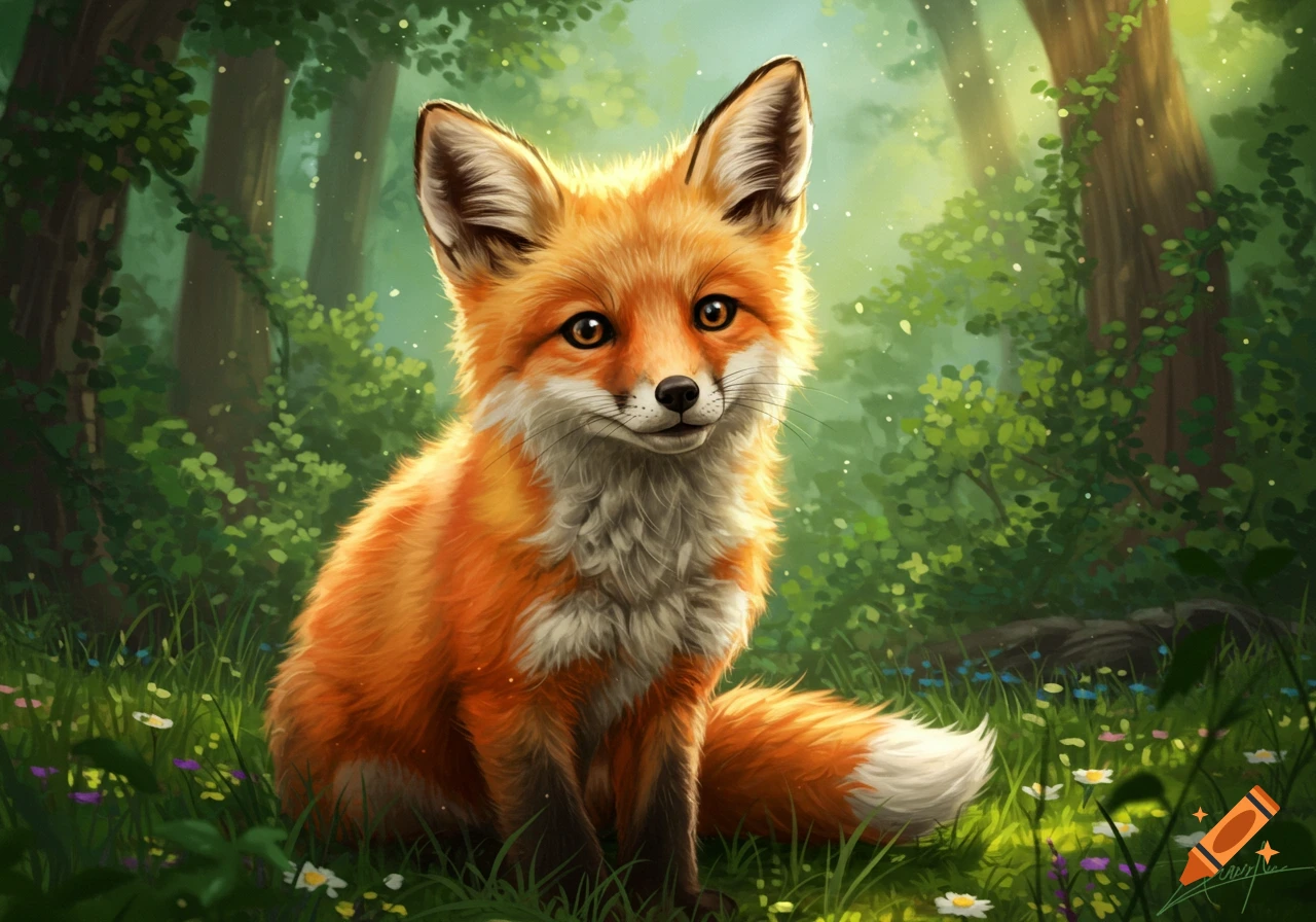 A cute orange fox with white fur on its chest and tail tip sits in a lush green forest with sunlight filtering through the trees and wildflowers.