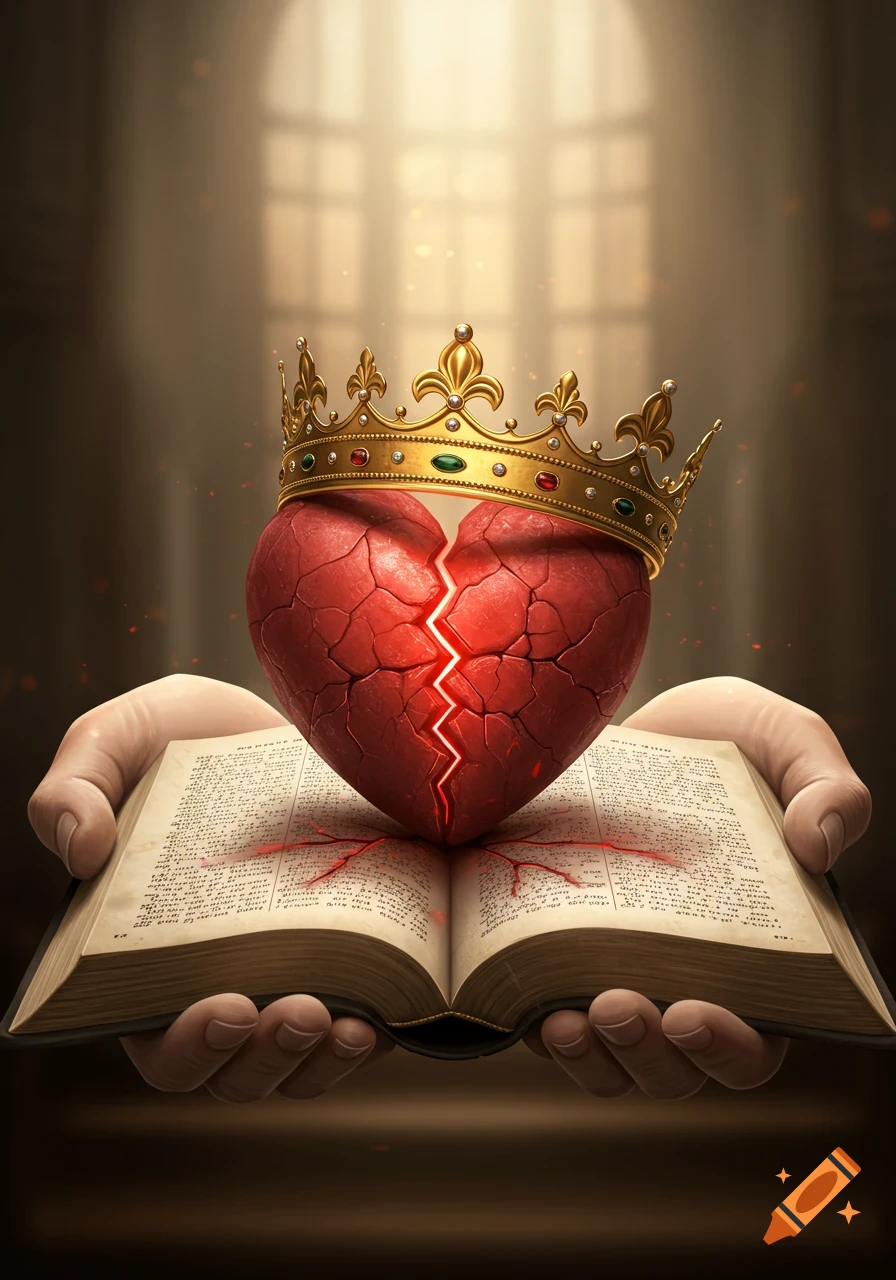 A cracked red heart wearing a golden crown, glowing from within, rests on an open bible held by two hands.