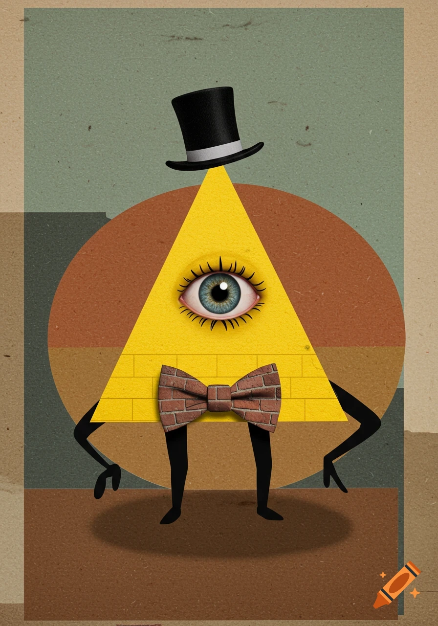 A yellow triangle character with a top hat, realistic eye, brick bow tie, and black limbs, in a textured illustration.