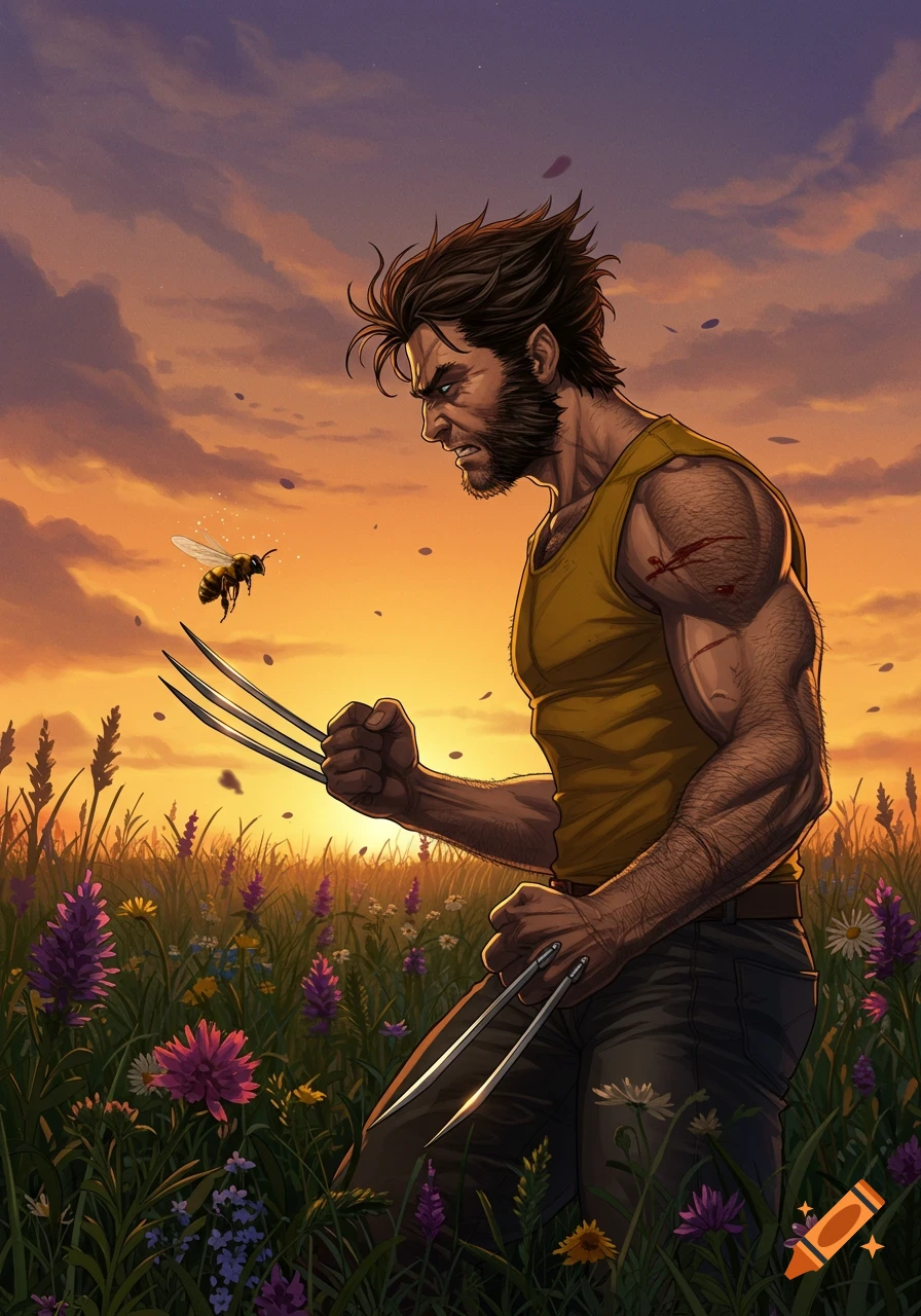 Wolverine stands in a vibrant field of flowers at sunset, looking intently at a bee hovering in front of his extended claws.