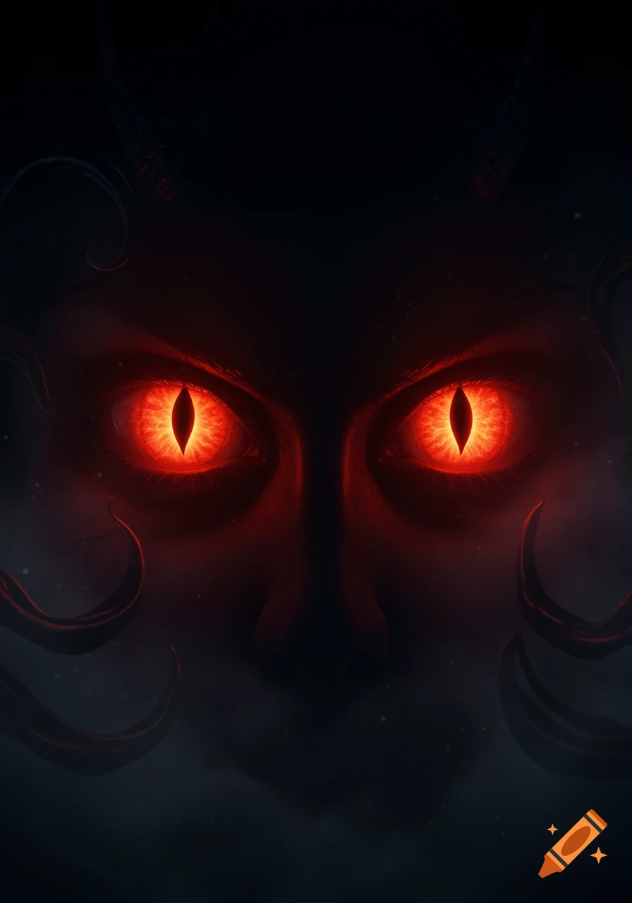 Close-up of glowing red demonic eyes with slit pupils emerging from darkness.