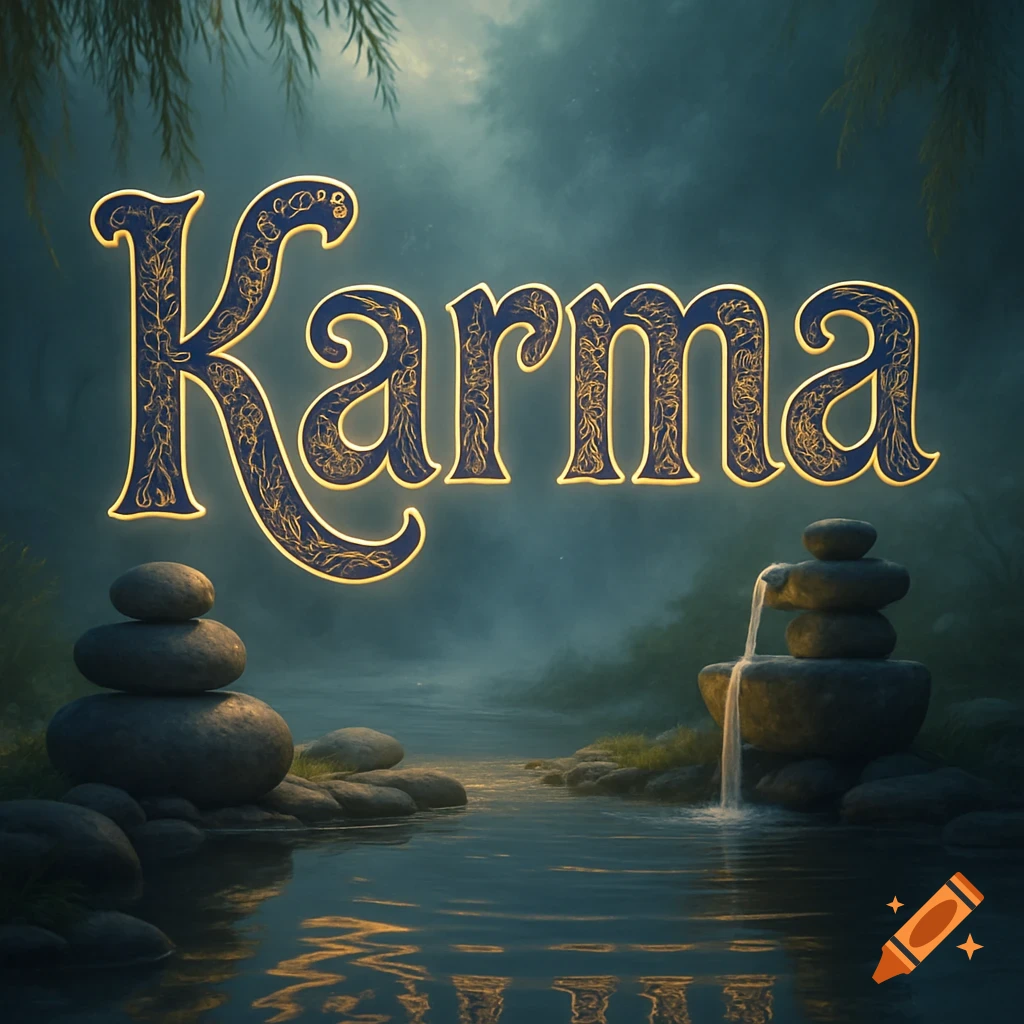 Ornate, glowing word 'Karma' floating above a tranquil, misty stream with stacked zen stones and a small waterfall.