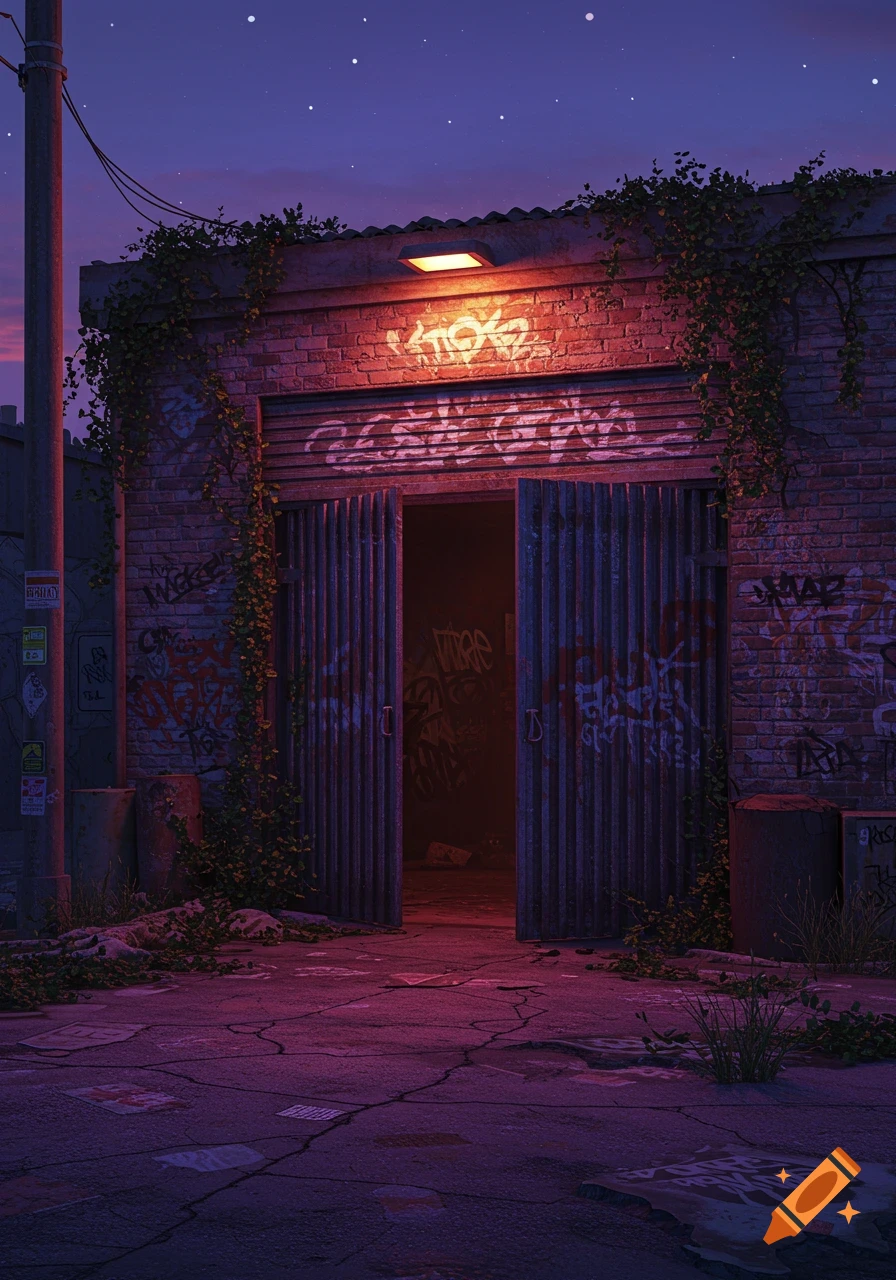 An old, abandoned brick garage with an open metal door, covered in graffiti, under a purple twilight sky with stars.