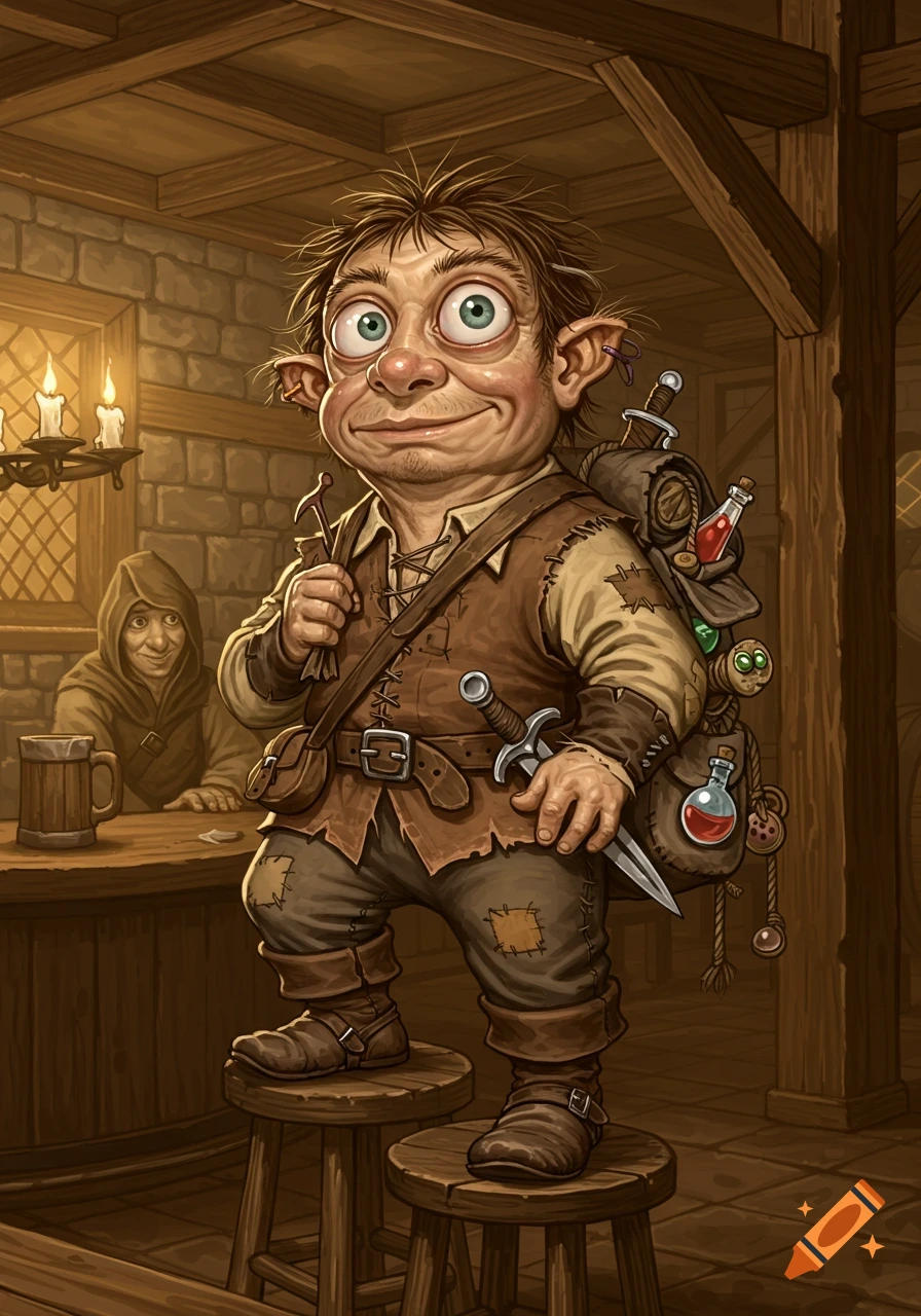 A cartoonish halfling rogue with large eyes and spiky hair stands on stools in a tavern, holding a tool and a dagger, with a hooded figure in the background.