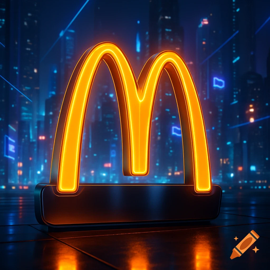 Glowing neon orange McDonald's 'M' logo on a dark base, set against a blurry futuristic city at night with blue lights.