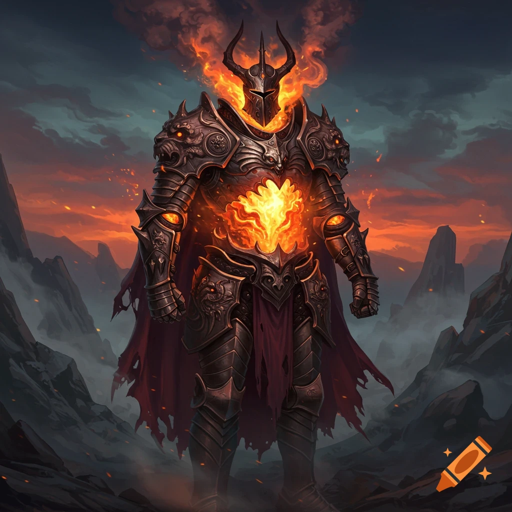 A knight in ornate dark armor with fire emanating from his head and chest stands in a desolate, rocky landscape under an orange sky.