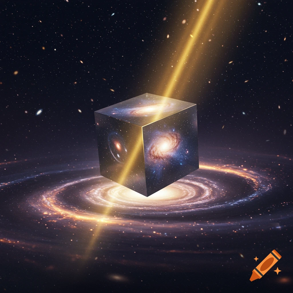 A metallic cube with galaxies on its sides floats above a spiral galaxy in space, lit by a golden beam.