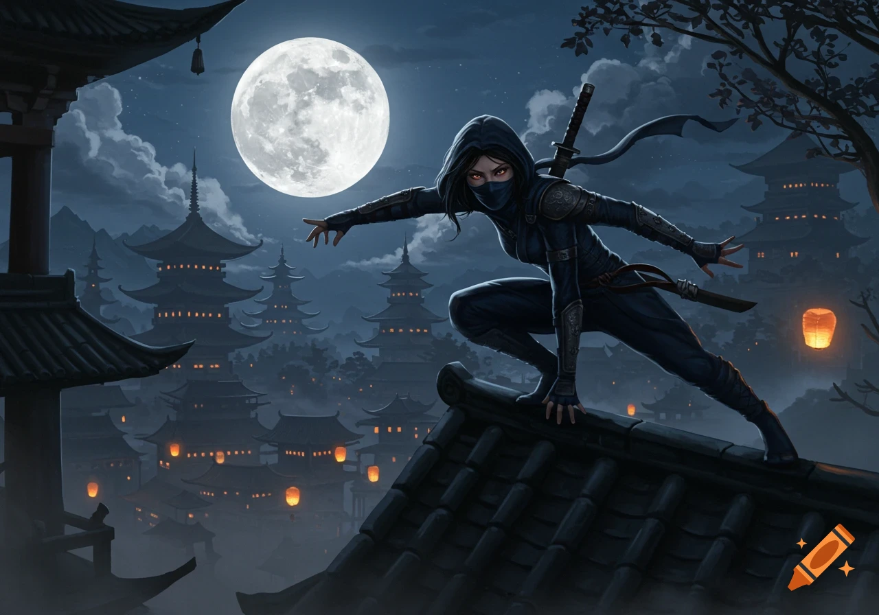 A female ninja crouches on a tiled roof under a full moon, overlooking a village of traditional Japanese pagodas at night.