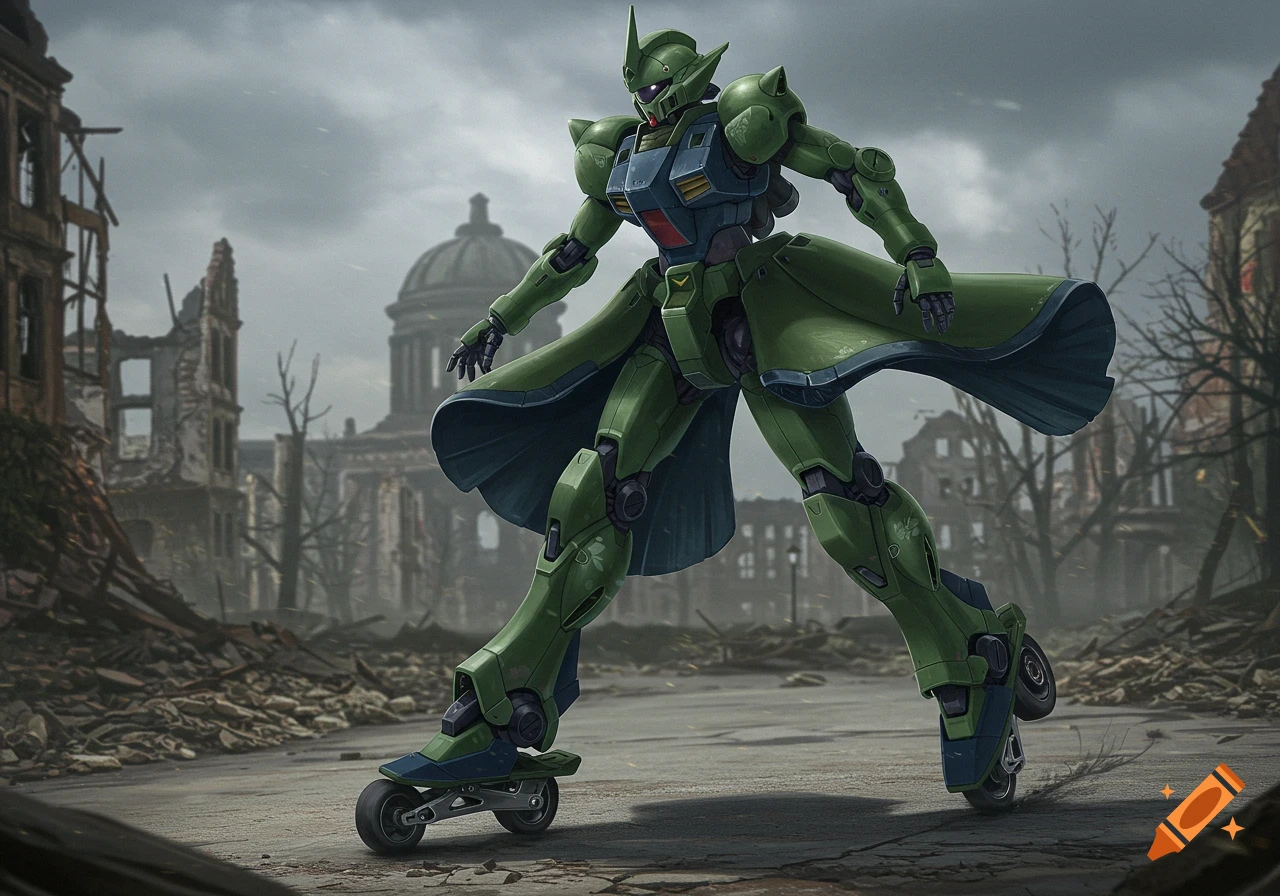 A green Gundam robot with skirt-like armor and wheels on its heels skates through a war-torn, ruined city.