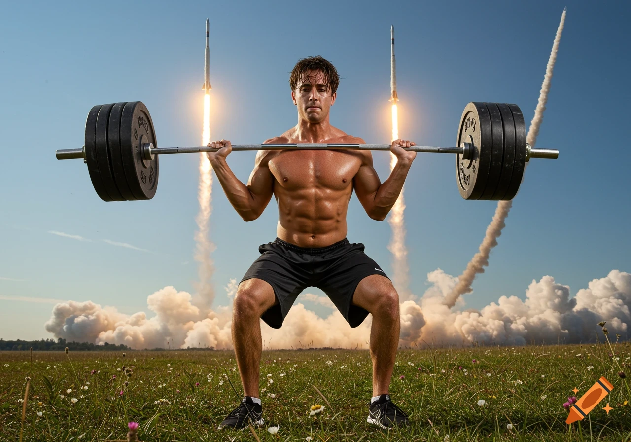 A muscular man doing squats with a barbell in a grassy field, as rockets launch in the background.
