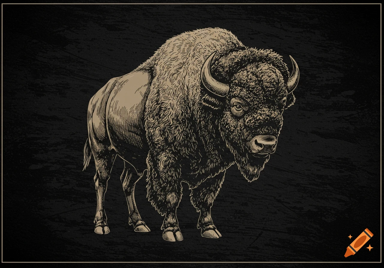 An etched illustration of an American buffalo on a textured black background, framed.