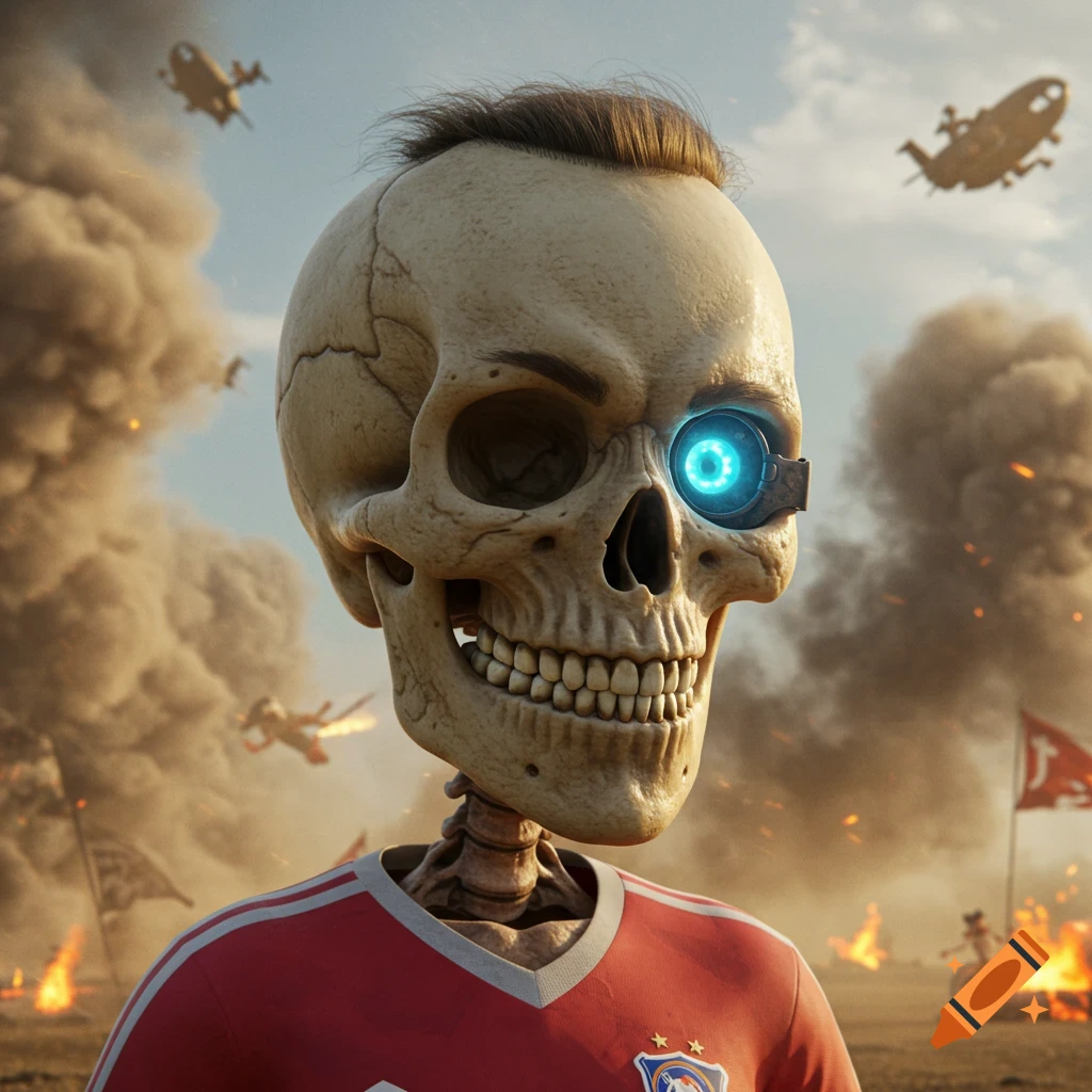 A stylized whimsical skull in a red soccer jersey, with a glowing blue robotic eye, stands against a chaotic battle background of smoke, fire, and flying vehicles.