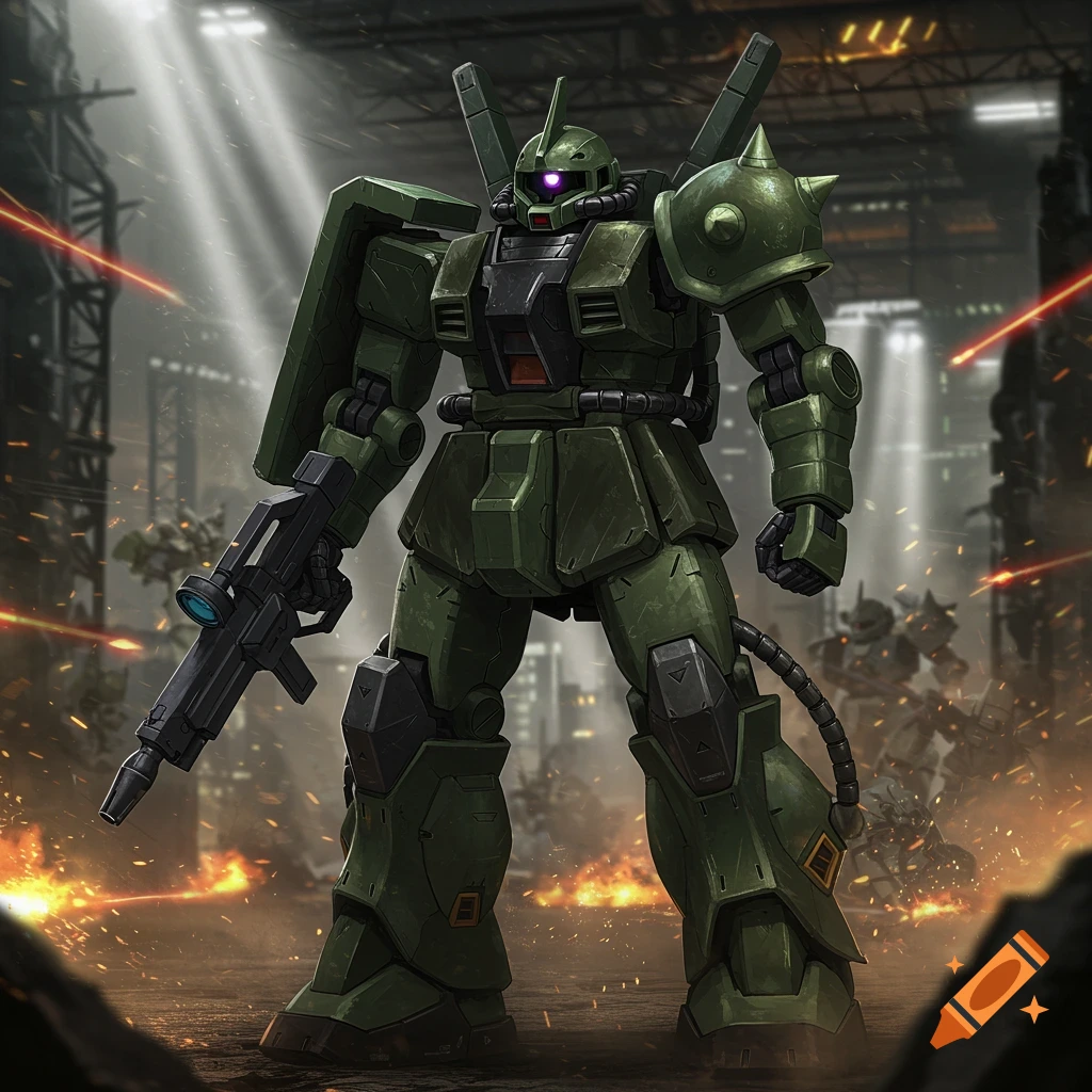 A large green Zaku mobile suit stands in a war-torn industrial setting, holding a rifle, with other mechs and explosions in the background.