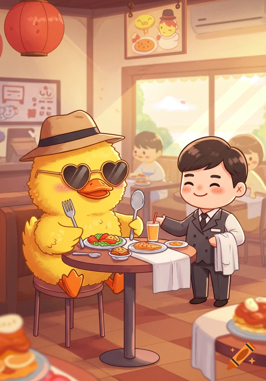 A cute cartoon duck wearing a hat and heart-shaped sunglasses sits at a restaurant table, being served by a smiling waiter in a kawaii style.
