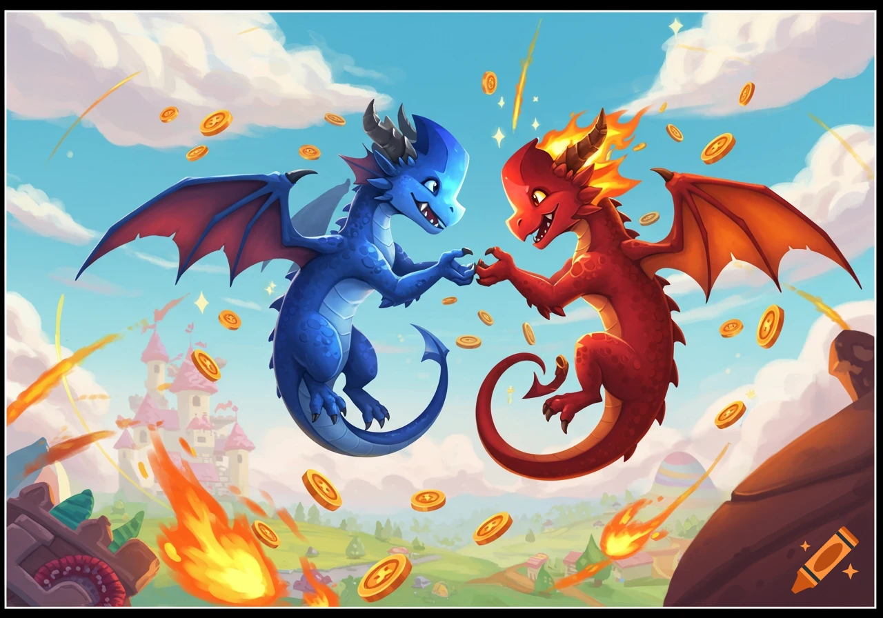 Cartoon blue and red dragons flying mid-air, surrounded by coins and fire, with a castle and hills in the background. Vibrant fantasy art style.