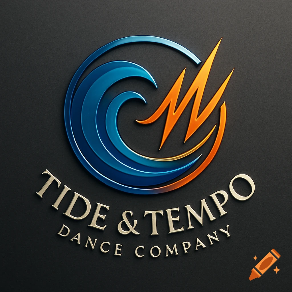 A circular logo featuring a blue wave and orange lightning bolt, with 'Tide & Tempo Dance Company' text below, on a dark background.