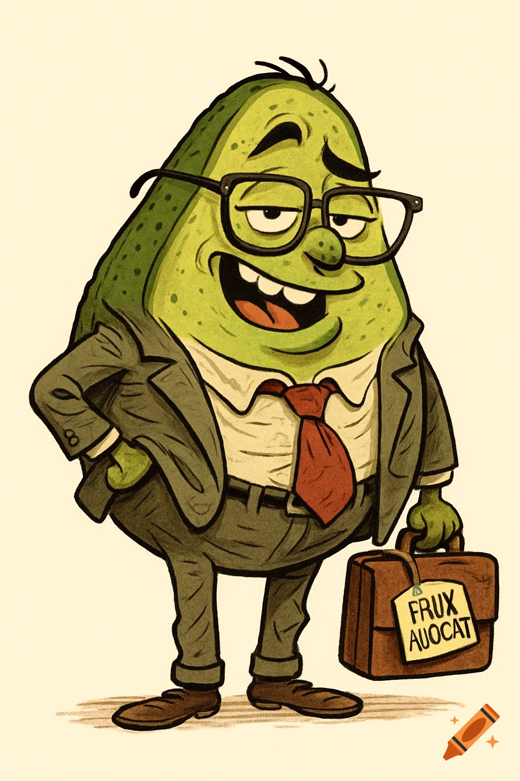 A humorous cartoon avocado character wearing a rumpled suit and crooked glasses, holding a briefcase with a tag.