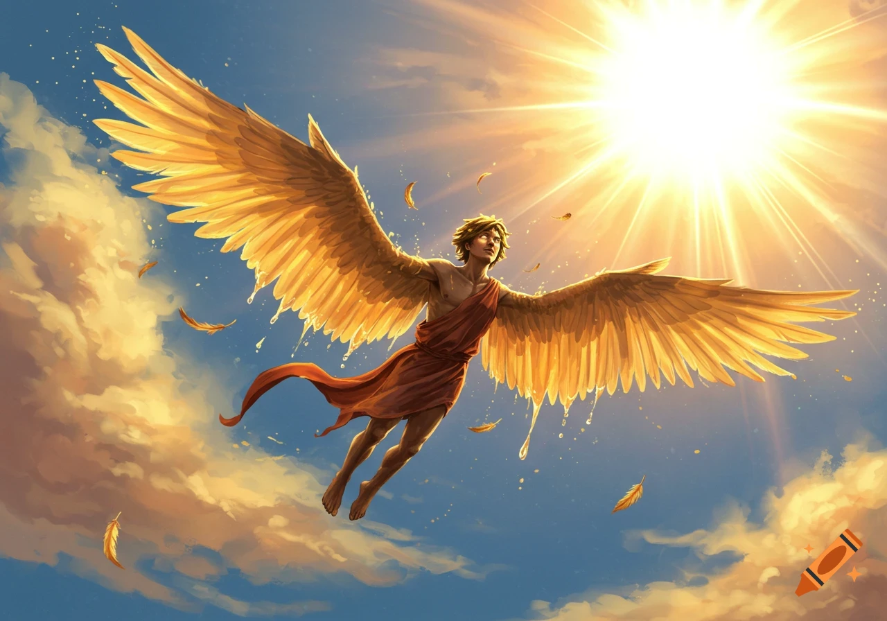 Icarus, a winged man, flies towards a brilliant sun in a bright blue sky with golden feathers falling.