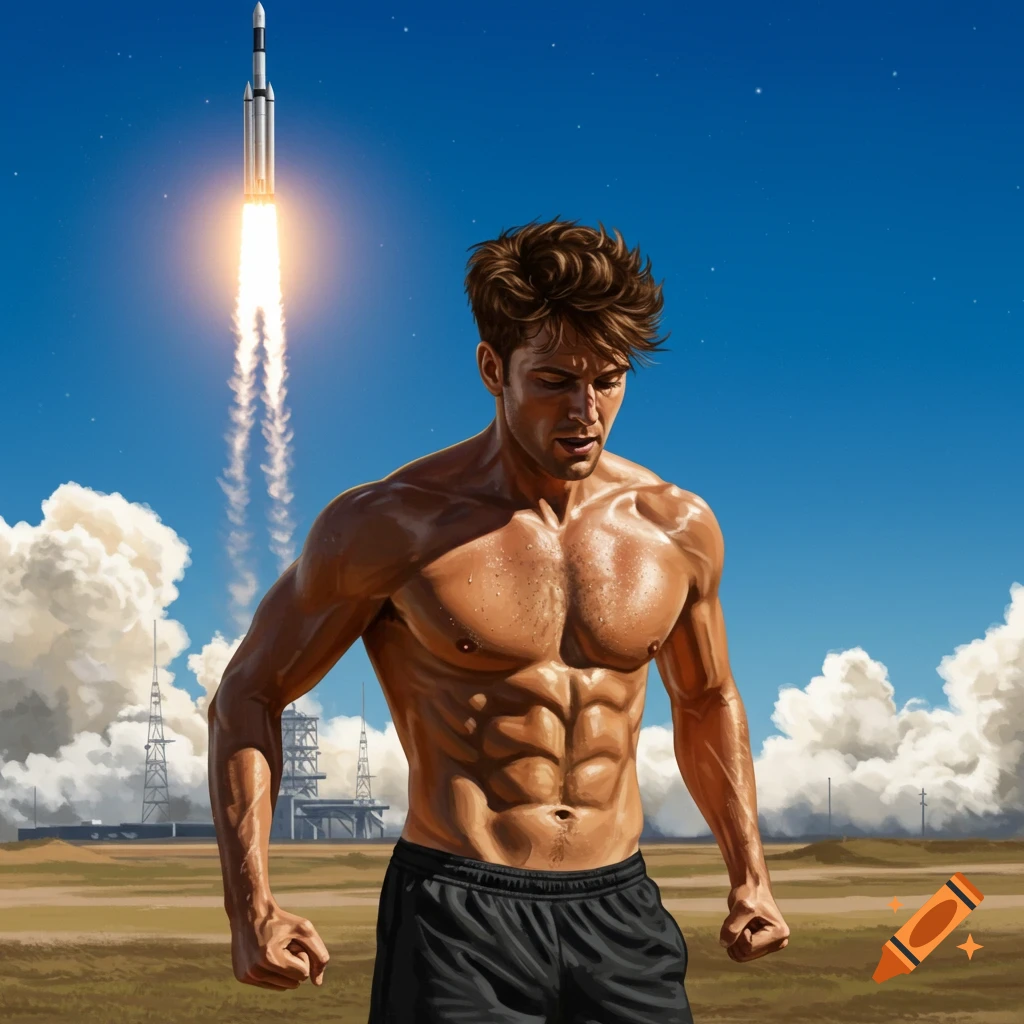 Muscular man looking down, shirtless, with a rocket launching in the background on a sunny day.